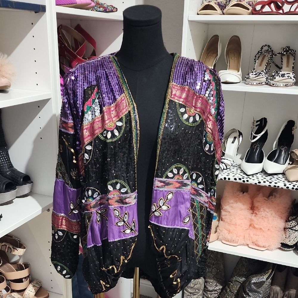 Vintage Judith Ann Purple and Black Galaxy Blazer with Metallic Trim